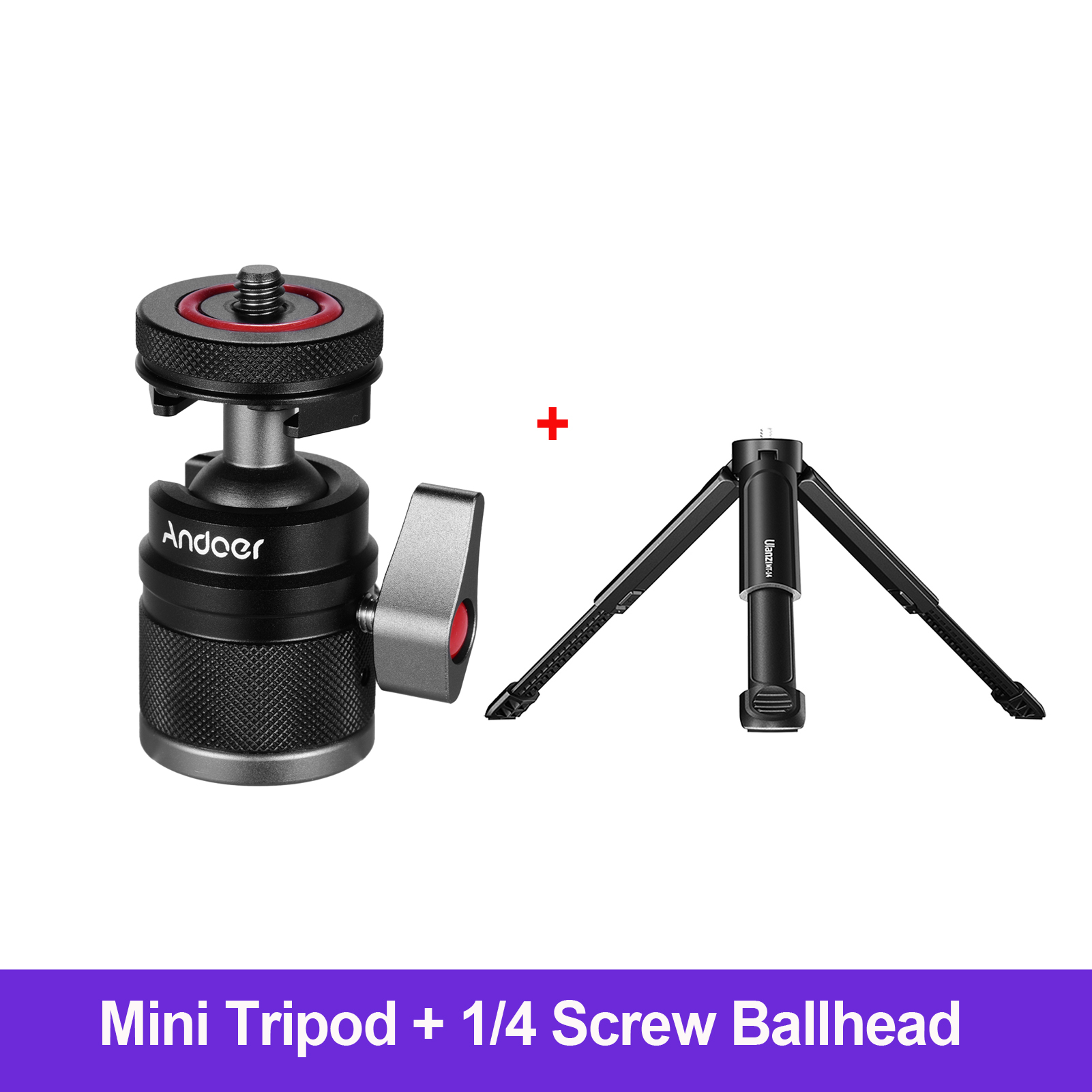 Andoer 2in1 Mini Cold Shoe Ball Head Dual Use 1/4 Screw Cold Shoe Aluminum Alloy for Camera Phone Speedlite Tripod Selfie Stick: with tripod