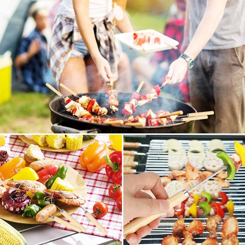 20 Pcs Grill Skewers with Wood Handle Stainless Steel Flat Grilling Kabob Sticks Reusable BBQ Barbecue Skewers Set for Meat