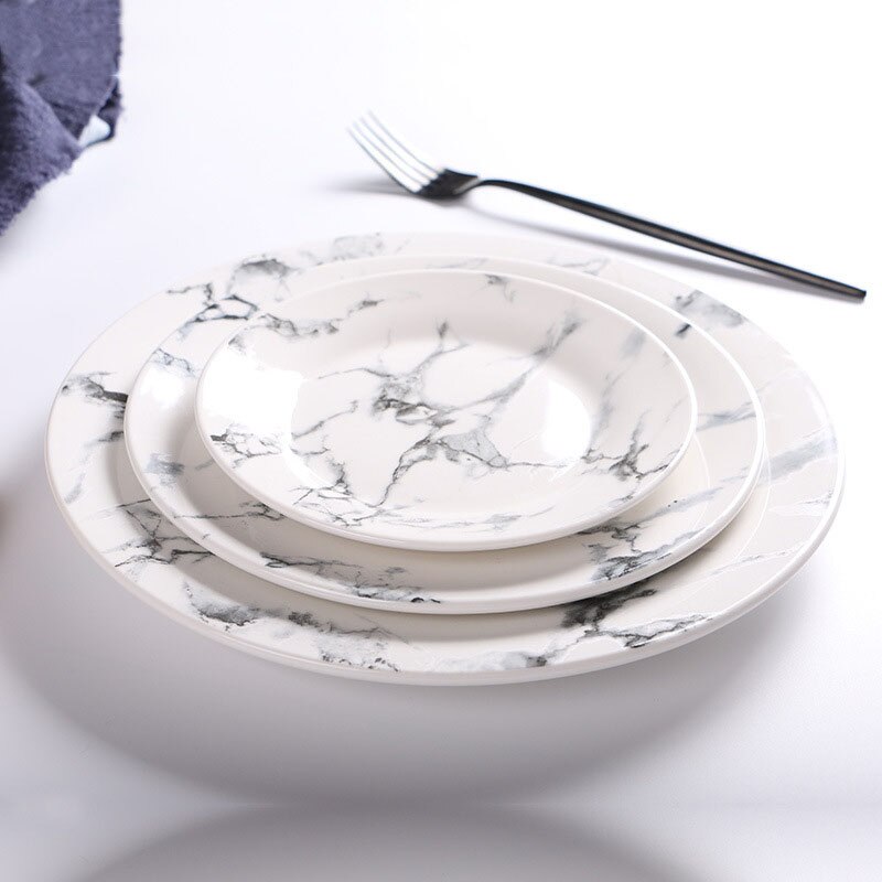 Nordic Marble Ceramic Plate Round Dinner Dessert Fruit Dishes Steak Cake Sandwiches Dishes Microwave Ovens Safe Dinnerware Set