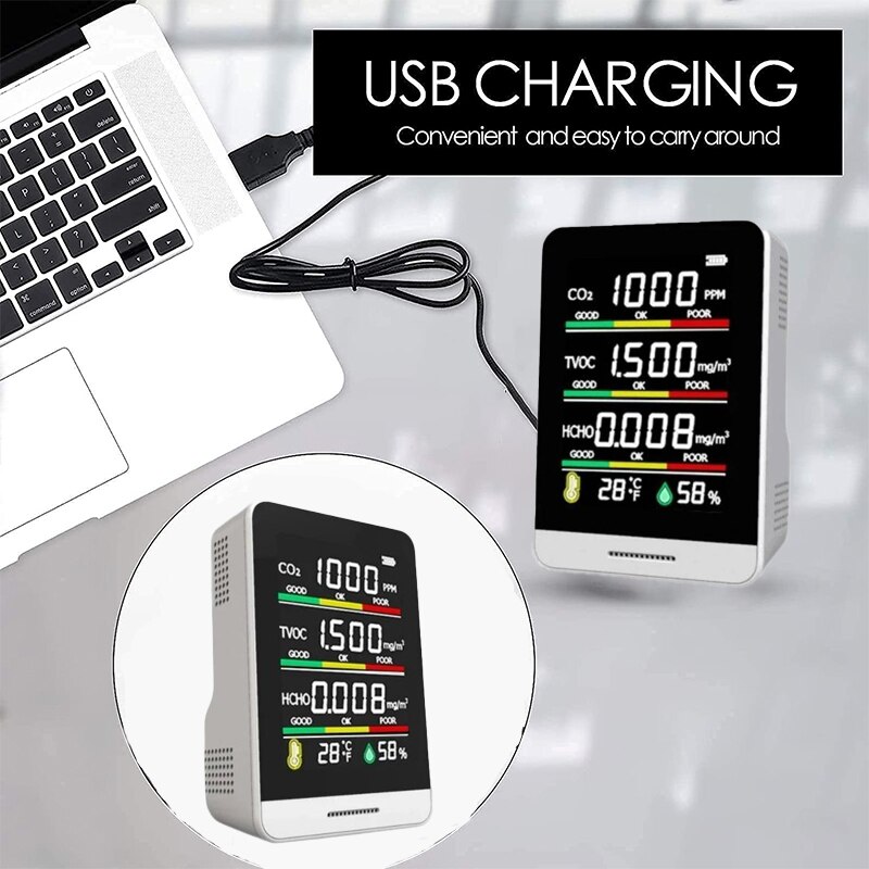 Portable Home 5 in 1 CO2 Meter Digital Temperature Humidity Sensor Tester Air Monitor Carbon Dioxide TVOC HCHO Detector