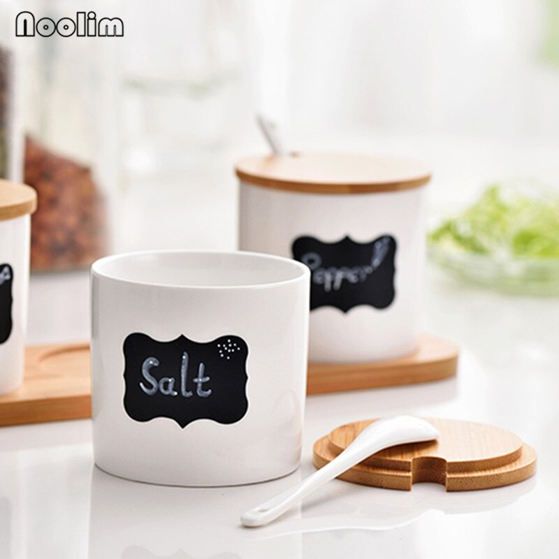 Criativo de Cerâmica Frascos de Especiarias com Tampa e Colher de Porcelana Açúcar Sal Tempero Frascos De Armazenamento com Bandeja De Bambu material de Cozinha