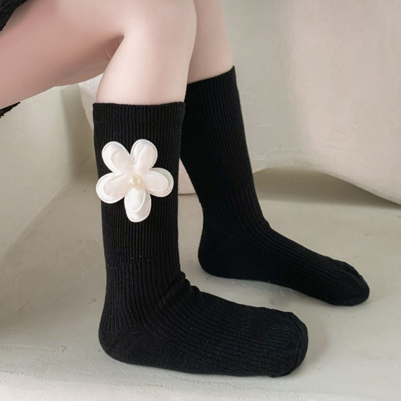 Calzini tubolari a strisce di fiori di moda coreana principessa divertente ginocchio di cotone nero abiti lunghi alti per ragazze roba economica per bambini
