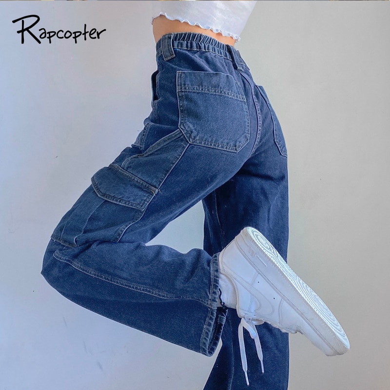 Rapcopter store lommer jeans kvinner  y2k bukser høy midje bukser blå denim glidelås jeans 90s lappede cargo bukser pop streetwear
