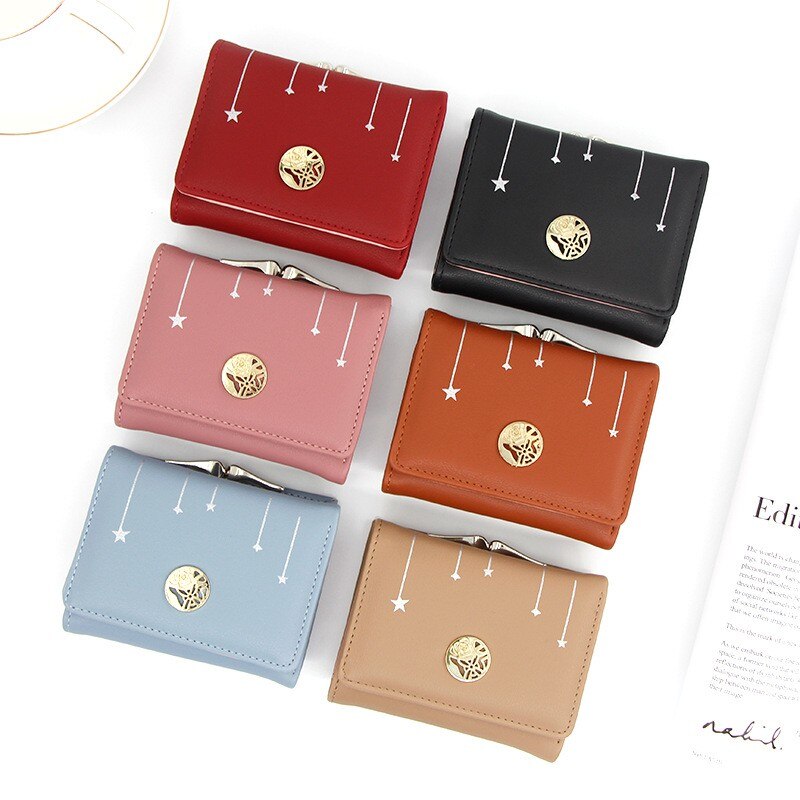 Kort damepung femtakket stjerneprintet lille møntpung kvindelig clutch mini læder kreditkortholder