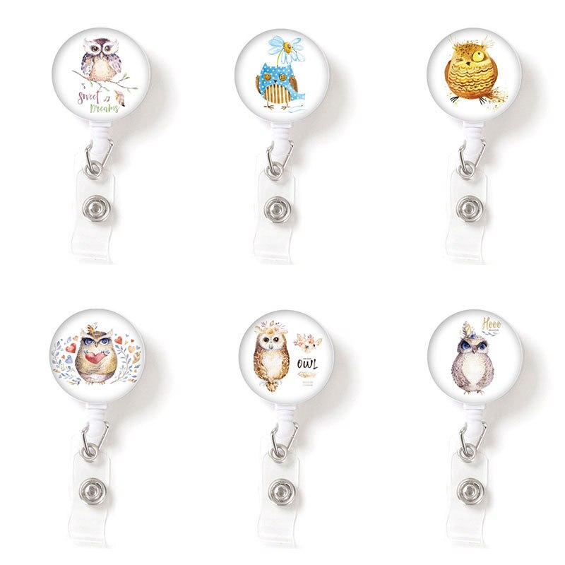 Vrouwen Meisjes Werkkaart Clip Gedraaid Id Tag Clip Uil Patroon Intrekbare Badge Reel Voor Verpleegster Arts Badge Houder