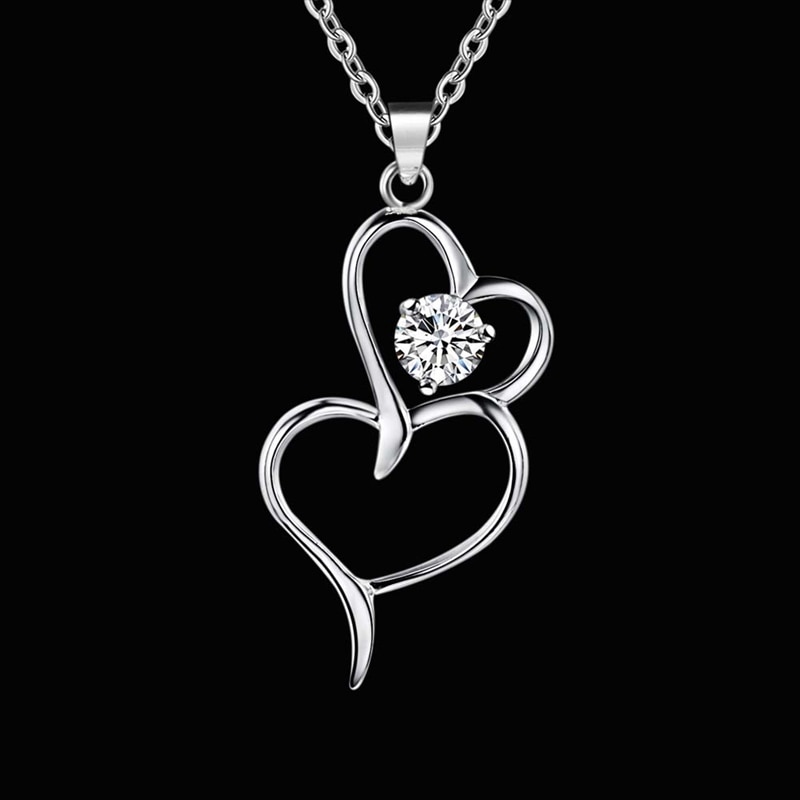 Silver Lovely Necklace Double Heart With CZ Nice Necklace For Women AN170