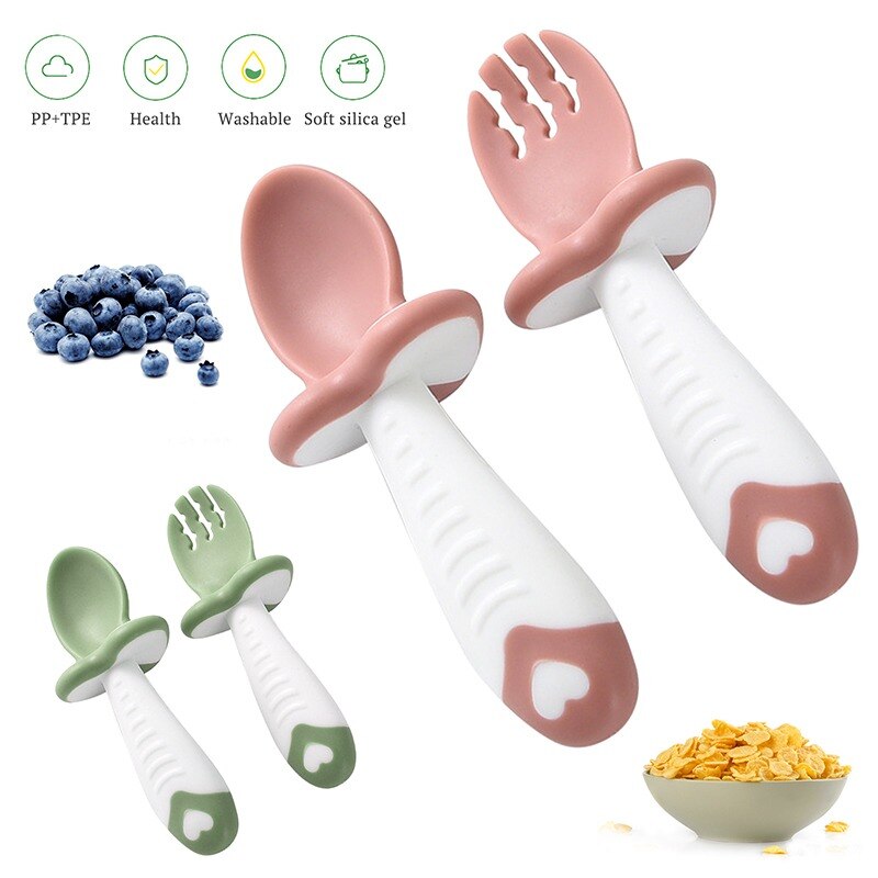 Cuchara y tenedor de cabeza suave para entrenamiento de bebé, juego de tenedor cuchara sin BPA