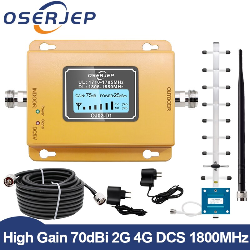 Gsm Lte 1800 Lcd 70dB 2G 4G Mobiele Telefoon Signaal Repeater Dcs 1800Mhz Mobiele Versterker Gsm Signaal booster + Yagi /Rubber Antenne