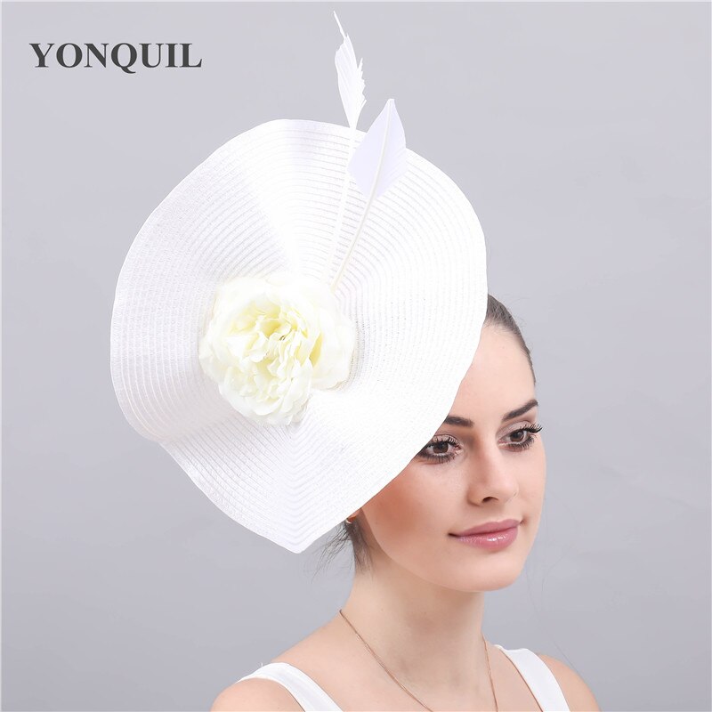 Grand chapeau de mariage blanc en paille pour femmes, Imitation, couvre-chef pour mariée, fascinateur, avec fleur à la , accessoires pour cheveux