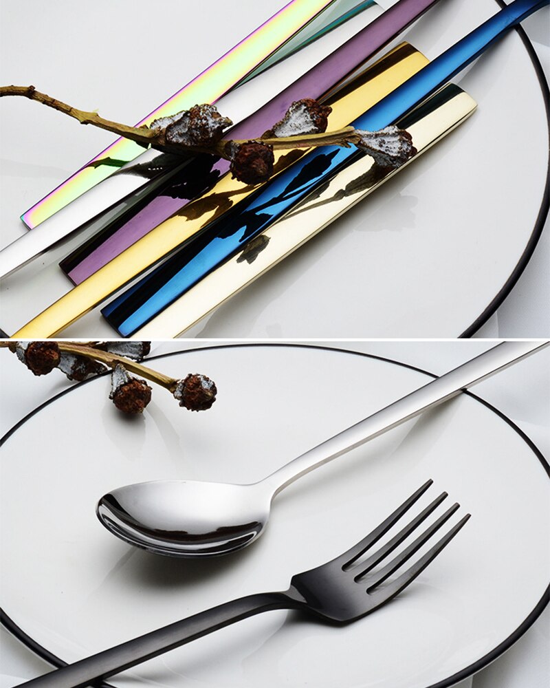 Edelstahl Löffel Gabel Kaffee Kuchen Dessert Eis Gabeln Löffel Koreanische Quadratischen Griff Farbe Gabel Löffel Geschirr Besteck