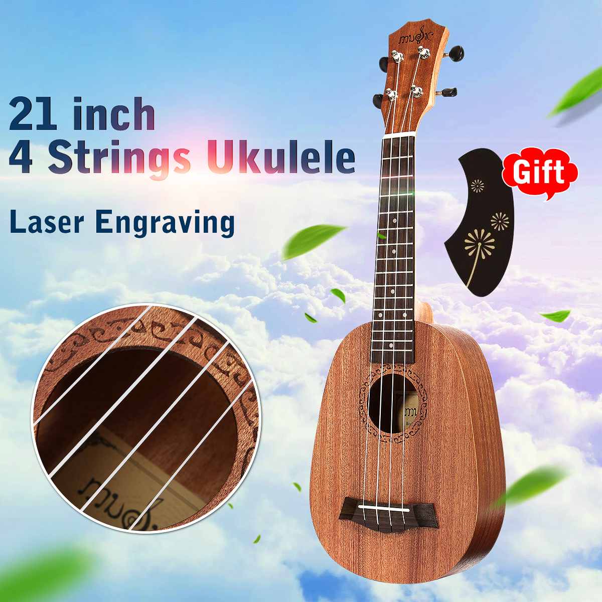 Violão soprano ukulele de abacaxi de 21 polegadas, 4 cordas, violão havaiano, instrumentos musicais, presente