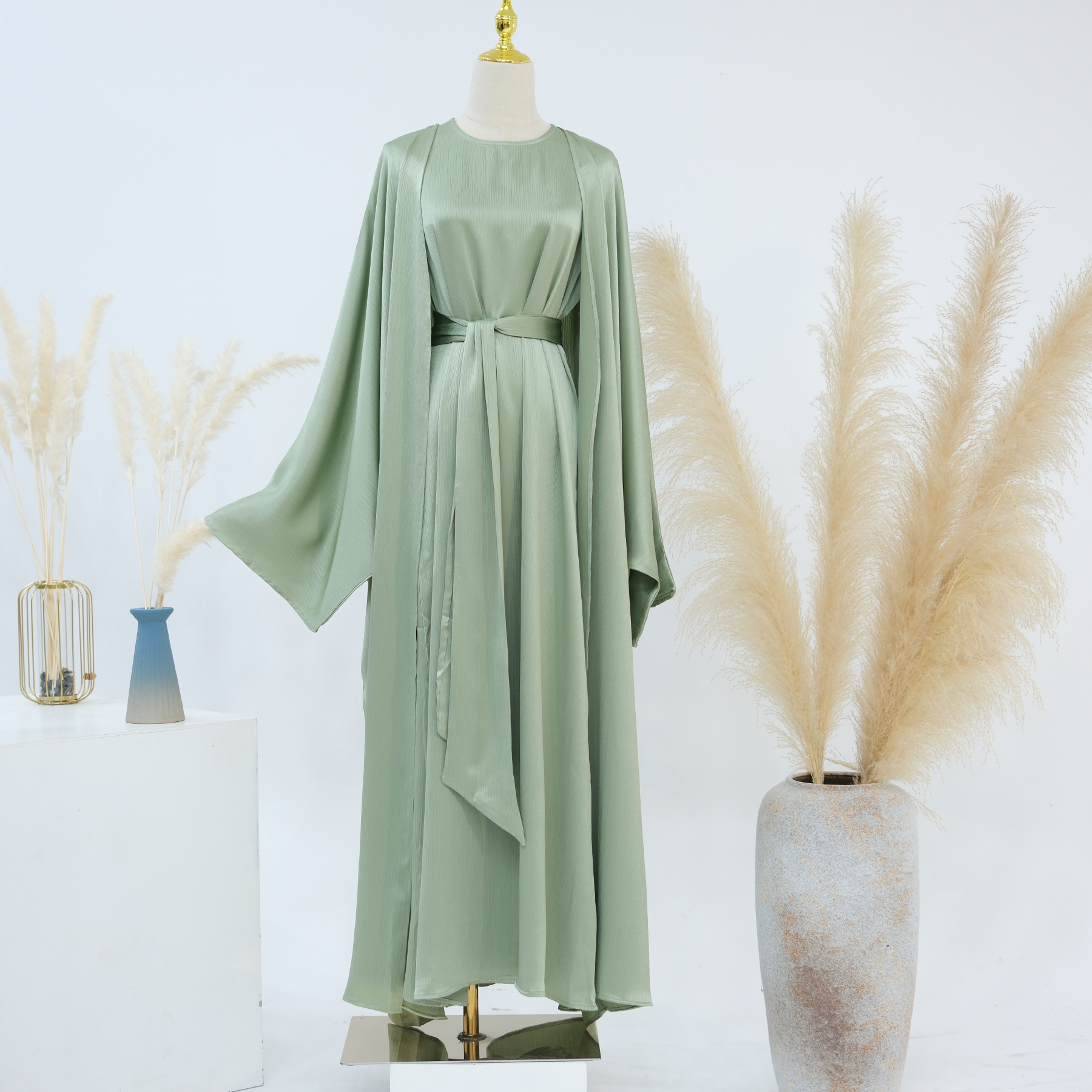 Ramadan dubai cetim liso 2 peças conjunto abaya roupas de oração feminino modesto conjuntos muçulmanos caftan marocain robe femme musulmane kaftan: XL / Creme