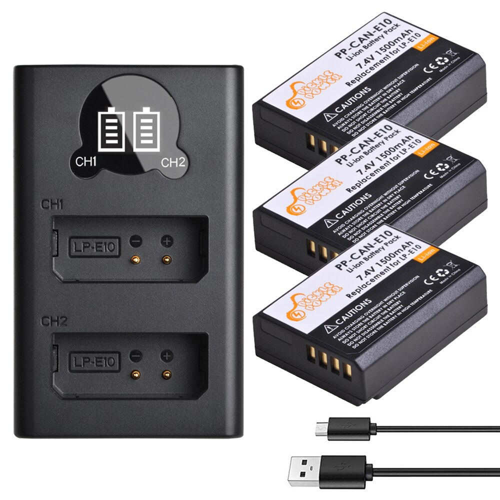 2 uds LP-E10 LP E10 LPE10 de batería de la cámara y Cargador USB LED para Canon 1100D 1200D 1300D 2000D beso X50 X70 rebelde T3 T5.: Charger and 3Battery