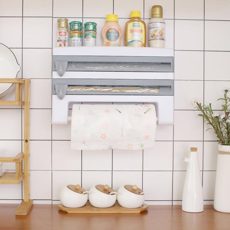 Soporte para pared de papel de cocina, organizador de cocina, dispensador de conservante, estante de almacenamiento para botellas de salsa de cocina, rollo de pared para almacenamiento de papel