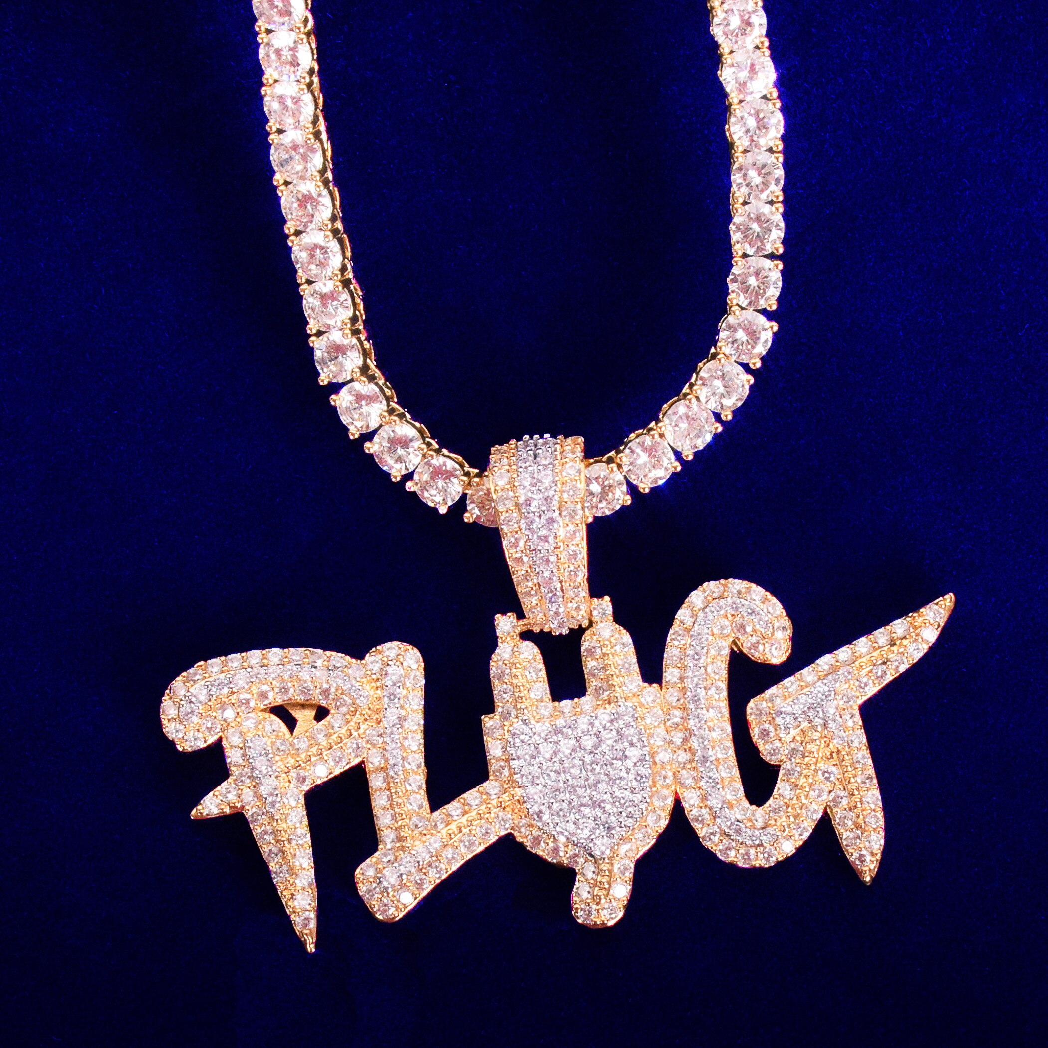 Plug Letter Pendant Micro Pave Finish Hip Hop Necklace Men&#39;s Jewelry