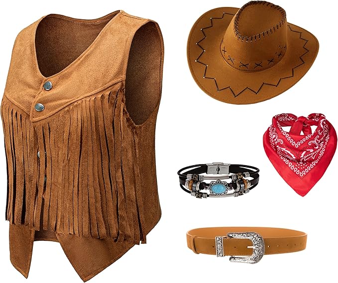 Frauen Männer Cowgirl Kostüm Western Weste Hut Gürtel Bandana Set für Cowboy Quasten Fransen Weste Halloween Outfits Wild West Cosplay