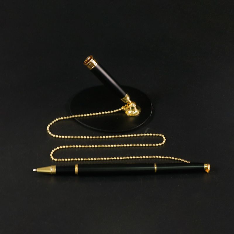 Classic Metal Ballpoint Pen Secure Chain Attached Base Stand Desk Office Counter Signature Pens Stationery 19QA