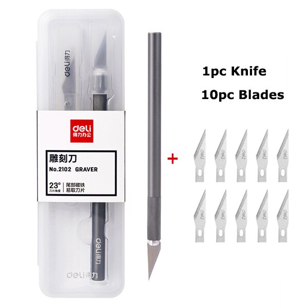 Deli Magnetic Metal Utility Knife Art Carving Knives нож with Blades Ruler Cutting Mat Pad Unboxing Cutter for Office Supplies: 1Knife10Blades