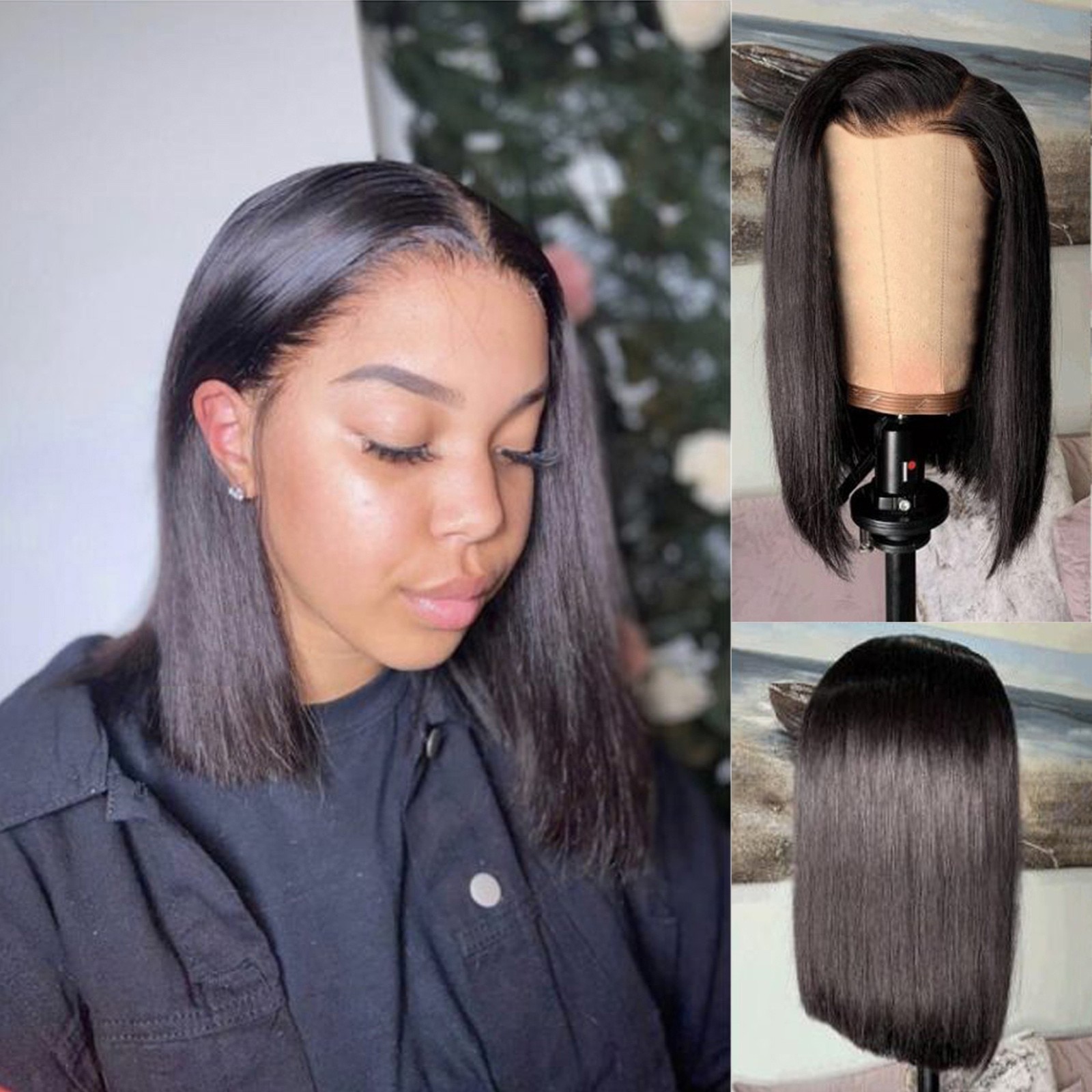 AISI HAIR – perruque synthétique courte lisse noire avec frange pour femmes, postiche Bob, longueur aux épaules, pour usage quotidien, fête: Default Title