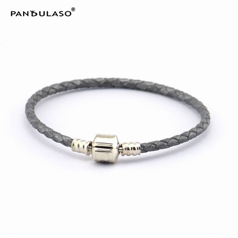 Cor cinza pulseira de couro com fecho de prata esterlina se encaixa europeu encantos & contas mulher diy jóias pulseiras