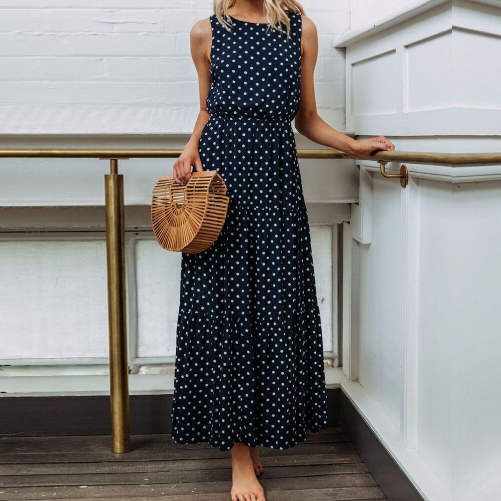 Boho Summer Dress 2019 Women Bohemian Dot Print O Neck Sleeveless Evening Party Dress Elegant Long Maxi A Line Dress vestidos