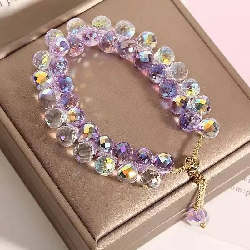 Nueva pulsera de cristal transparente para niños, cuentas de piedra brillantes a la , brazaletes de hilo elástico, joyería Manchette Bijoux: Color dorado