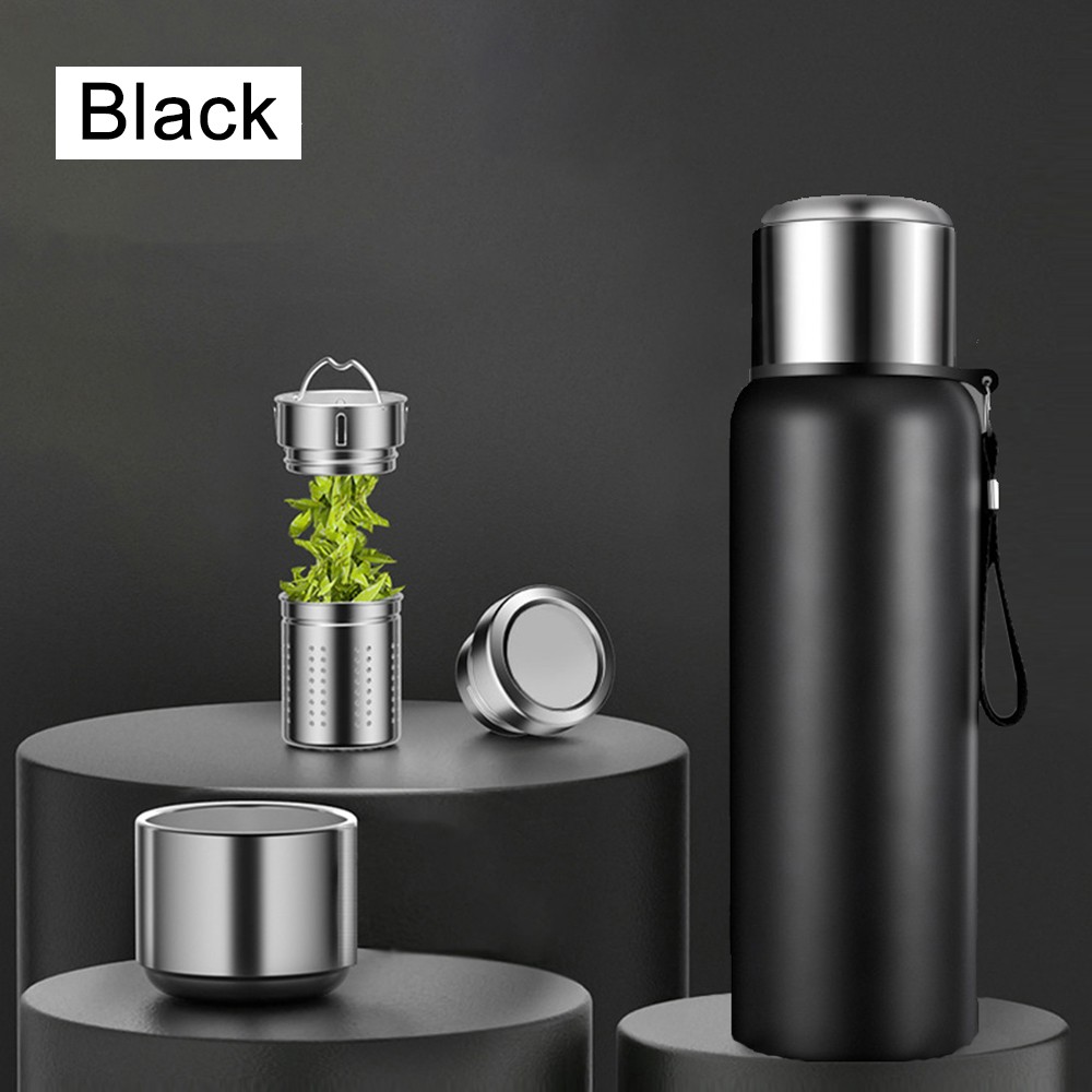 Botella termo de acero inoxidable, vaso de gran capacidad, taza térmica de agua fría y , frasco de vacío, 2L termo acero inoxidable termos termicos frio y termo para café: Negro / 2.000-3.000 ml