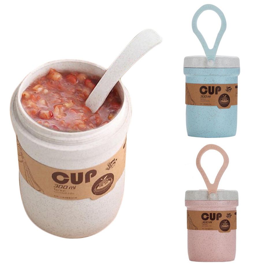 Rund form plast suppe beholder miljøvenlig hvede halm lækagesikker suppe flaske med håndtag mikroovn sikker mad kop