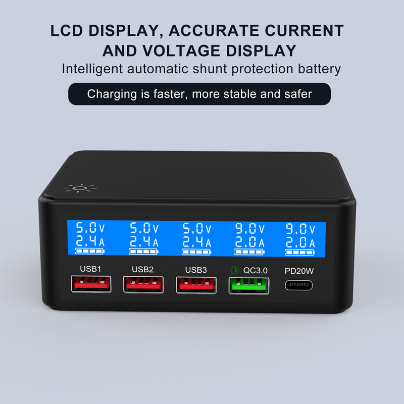 Universal 65W Multi 4 Port USB Fast Charger Portatil Quick Charge QC3.0 PD 20W Lcd Display Charging Station for Phone Tablet