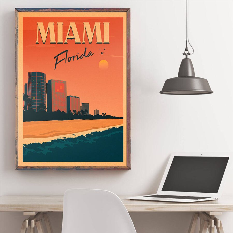 Miami city rejse plakat håndmalet turistattraktioner vintage kraftpapir pub cafe soveværelse hjem indretning væg klistermærke 42 x 30cm