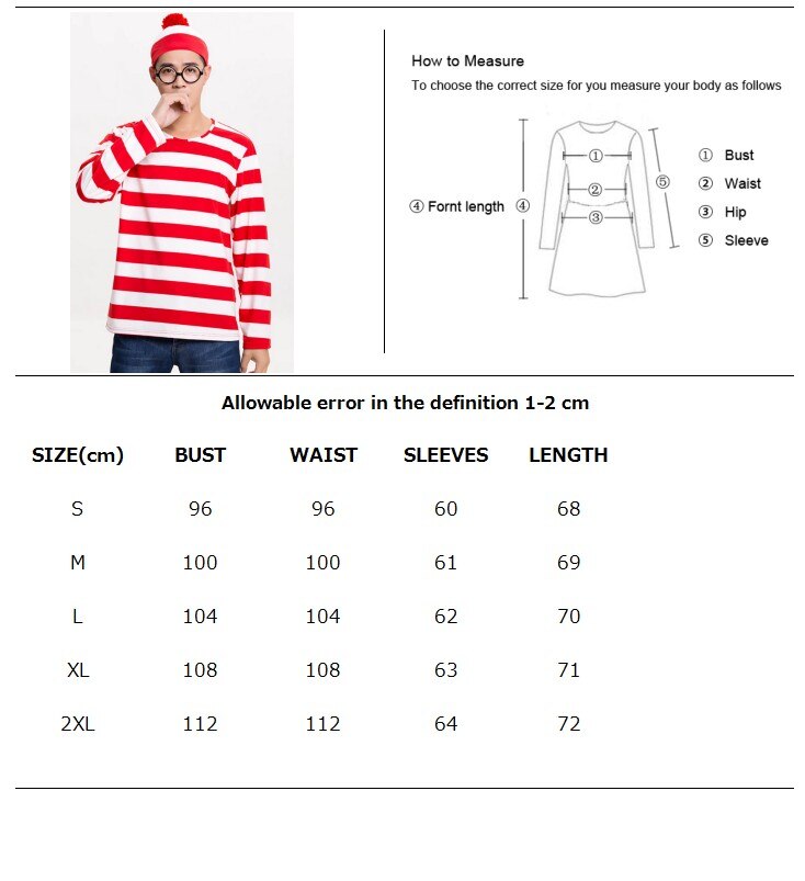 Erwachsene Herren Damen Wally Wenda Waldo Charakter Kostüm Rot Weiß Outfit Buch Woche Phantasie Kleid Hemd Hut Gläser