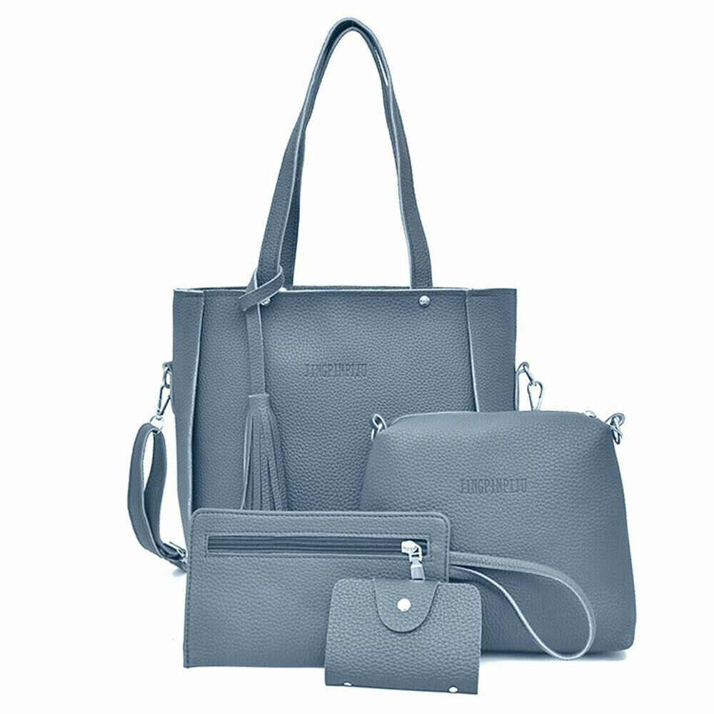 4Pcs Set Women Lychee Pattern Mother-child Four-piece Handbag Messenger Bag Wild Mini Bucket Tassel Single Shoulder: Blue