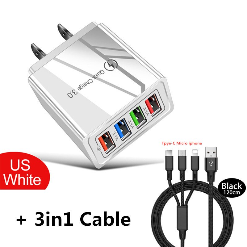 4 portas de carga rápida 3.0 usb carregador eua/ue plug carregador de parede para iphone huawei samsung xiaomi: US 3in1 Cable White