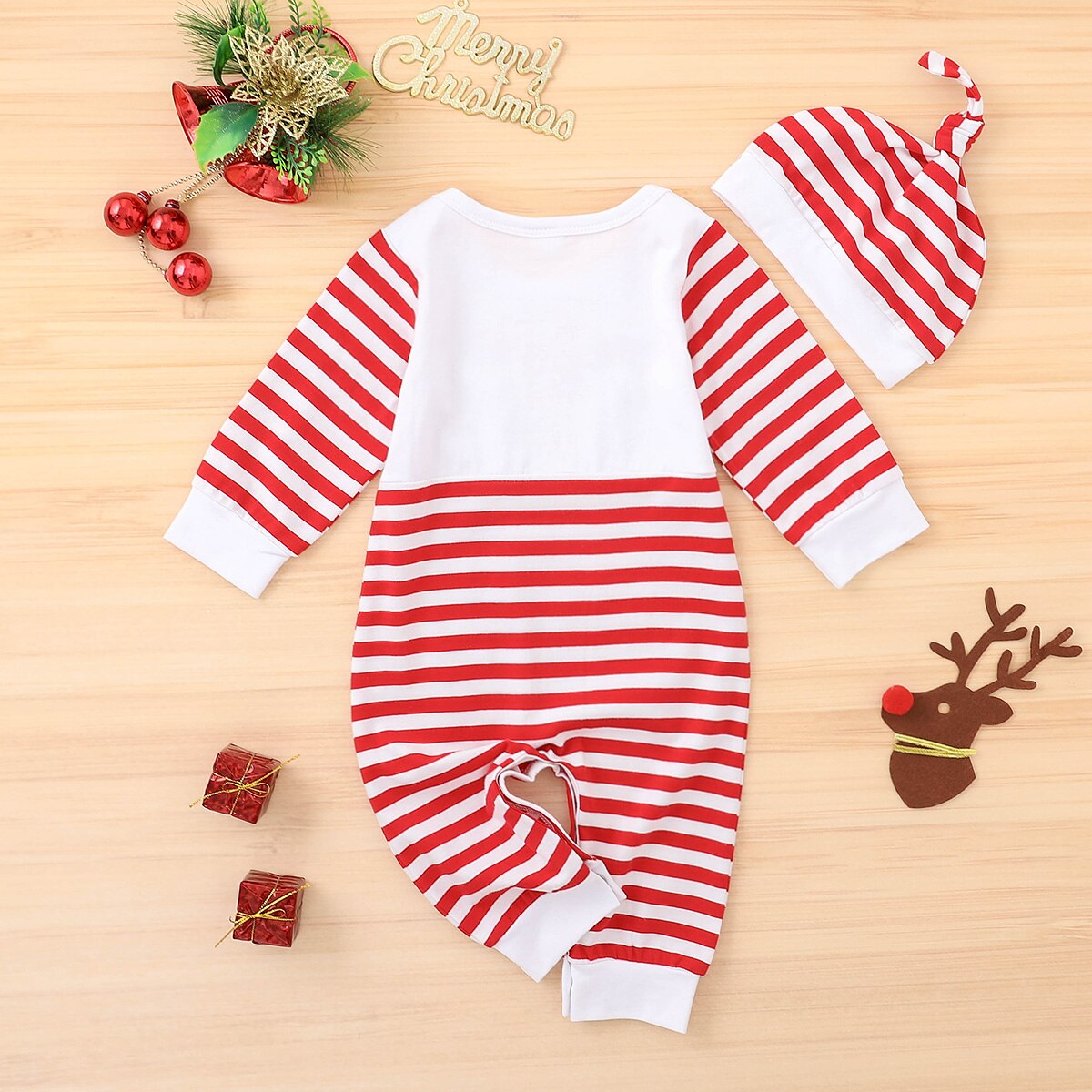 2 stk baby christmas romper outfits, tegneserie hjorte mønster striber o-hals langærmet jumpsuit + hat dragt til småbørn, piger