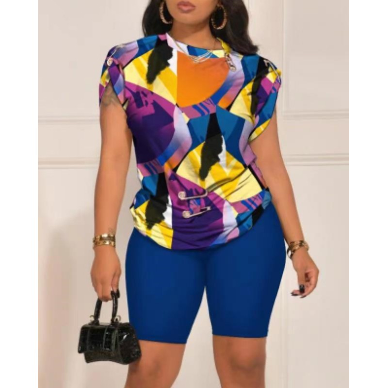 Dames tops, t-shirts en shorts, casual 2- zomercombinatie met t-shirt en short met print, maten s-xxxl