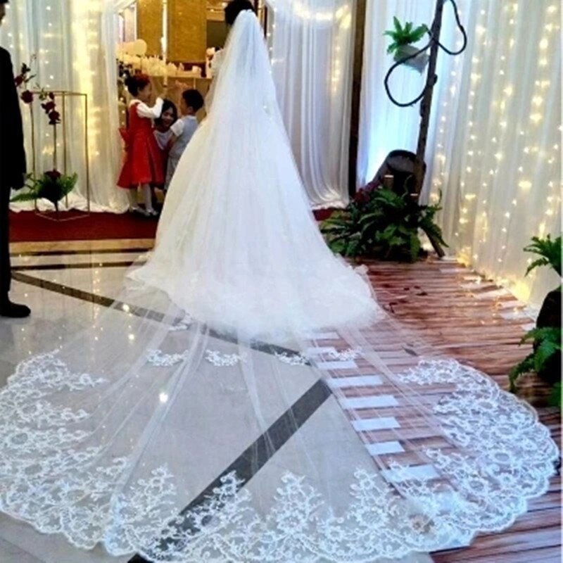 White Ivory Cathedral Wedding Veils Long Two-Layer Lace Edge Bridal Veil with Comb Wedding Accessories Bride Veil Veu De Noiva