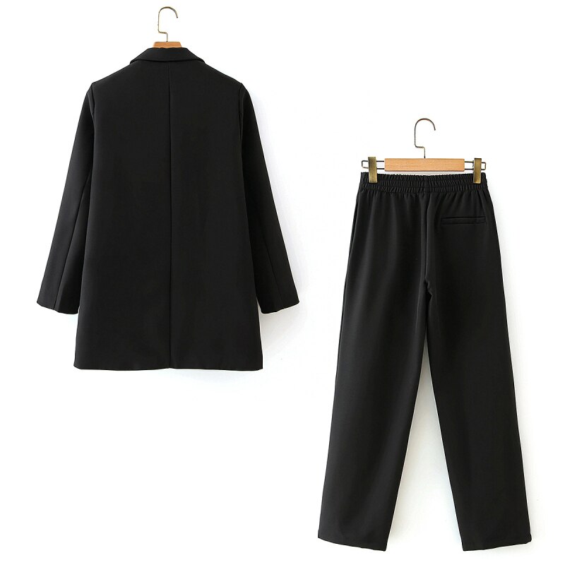 ZXQJ femmes noir vestes costume dames décontracté deux pièces ensemble vintage femme mince longues blazers filles chic costumes