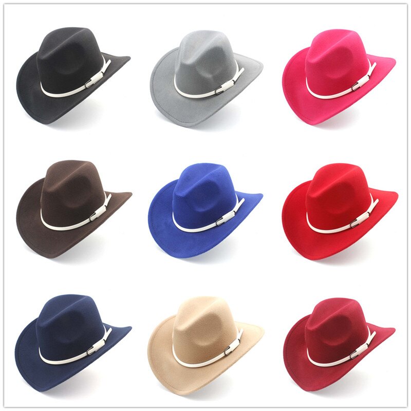 retro kvinner menn ull vestlig cowboyhatt rull-opp avlet kant filt cowgirl jazz gudfar sombrero lokk med hvitt belte størrelse 56-58cm