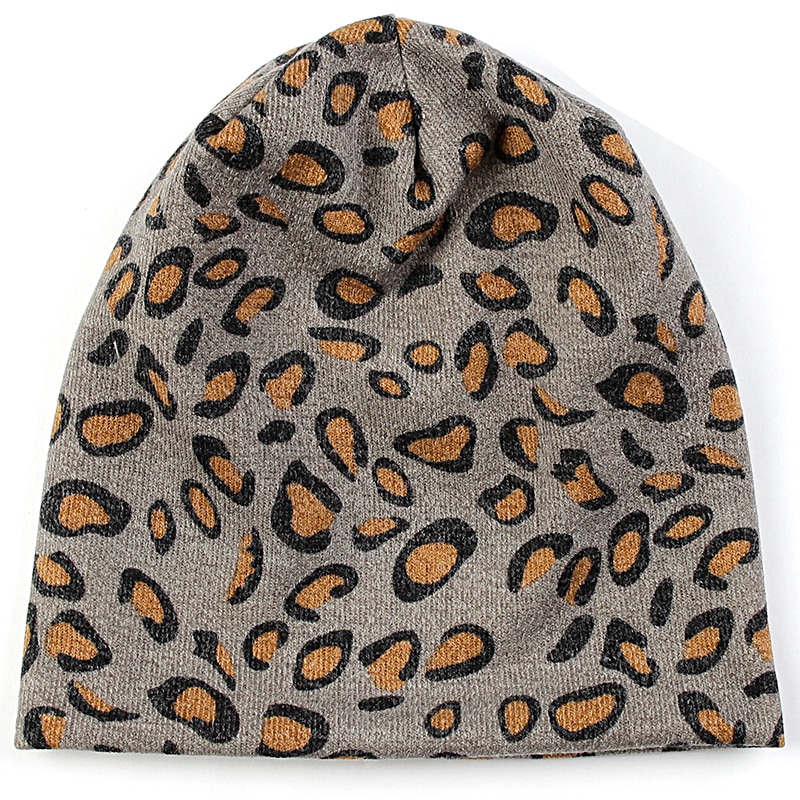 Geebro dam mössa randig kvinnlig mössa skullies casual polyester bomull leopard halsduk keps höst vinter varma mössor: Grå