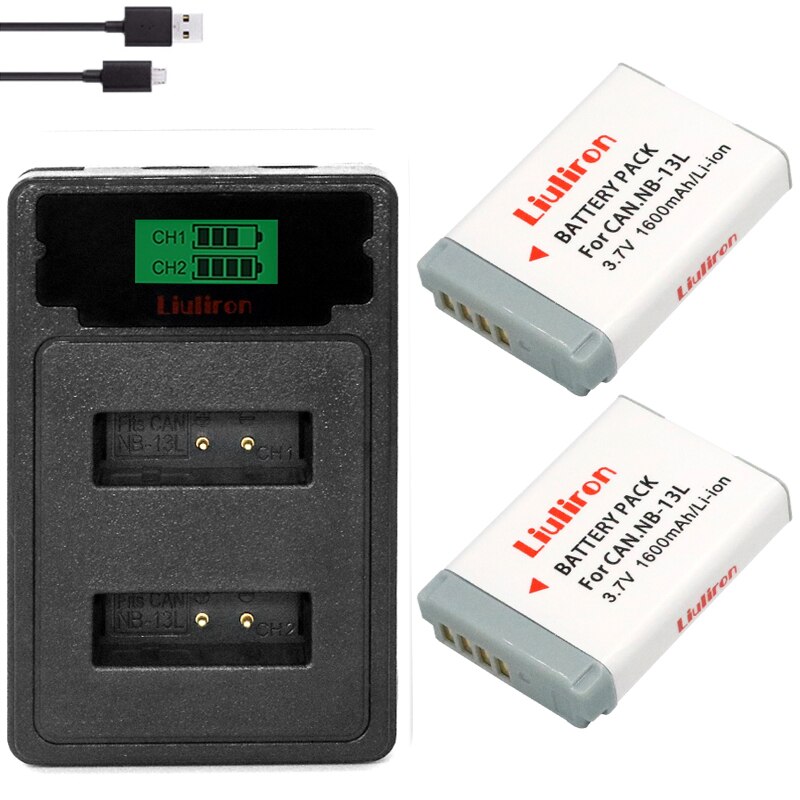 Batterie 1600mAh NB13L NB 13l avec chargeur LCD USB, pour Canon G7 X Mark II G7X G5 X G5X G9 X G9X SX620 SX720 HS: charger and 2battery