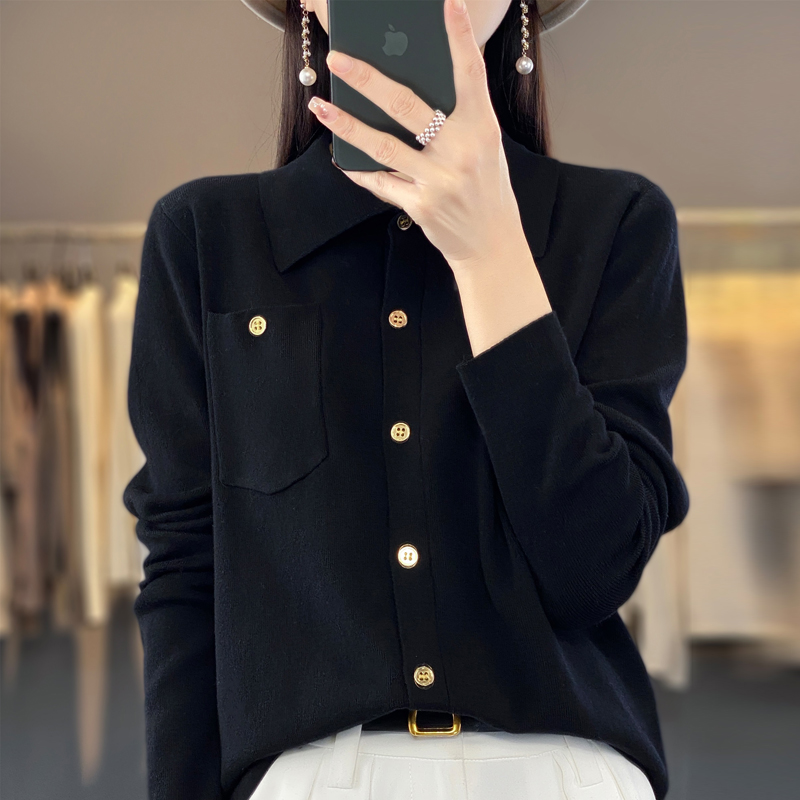 Cardigan feminino com bolso primavera e verão nova camisa de lapela fina imitação de lã camisola alta rua casaco superior mangas compridas