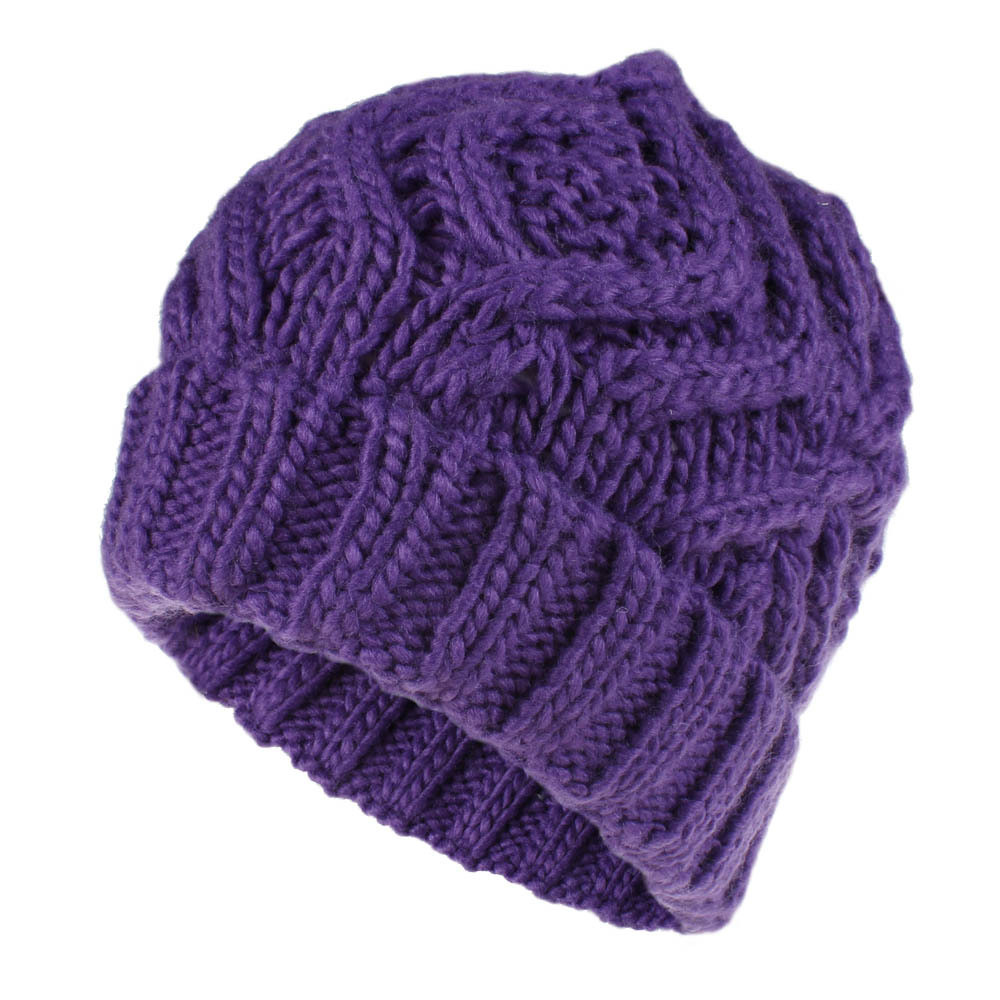 Gorro de lana para mujer gorro de tejido de lana suave cuadrado en forma de diamante Otoño e Invierno cálido: purple