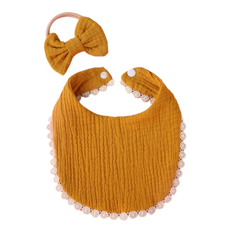 2 Stks/set Baby Meisjes Elastic Bow Hoofdband Speeksel Handdoek Set Prinses Strik Haarband Bib Kit Burp Doek Hoofddeksels Douche: YELLOW