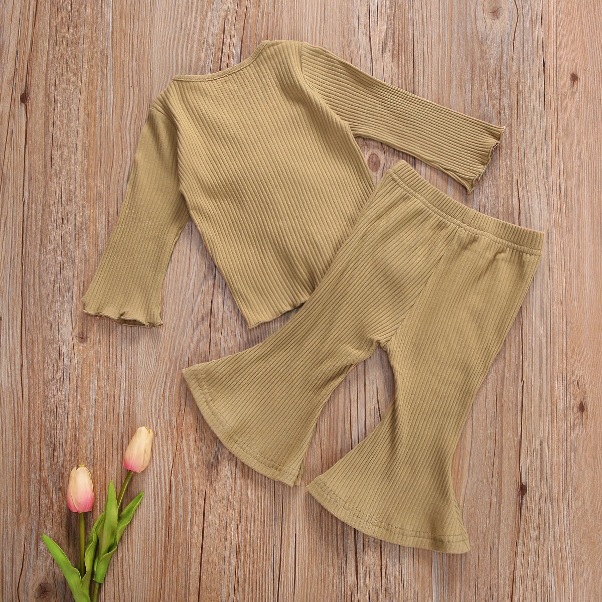 Infant Kids Baby Meisje Geribbeld Solid Set Uitlopende Mouwen Pak Lange Mouwen Tops Shirt Broek Navel Trekkoord Lente Kleding