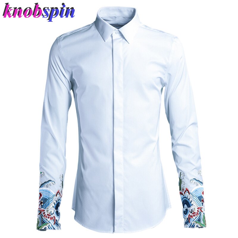 Mode Manchet Borduurwerk Shirt Mannen Top Business Mannelijke Slanke Camisa Masculina Lange Mouwen 80% Katoenen Kleding Heren Shirts: WHITE / XL