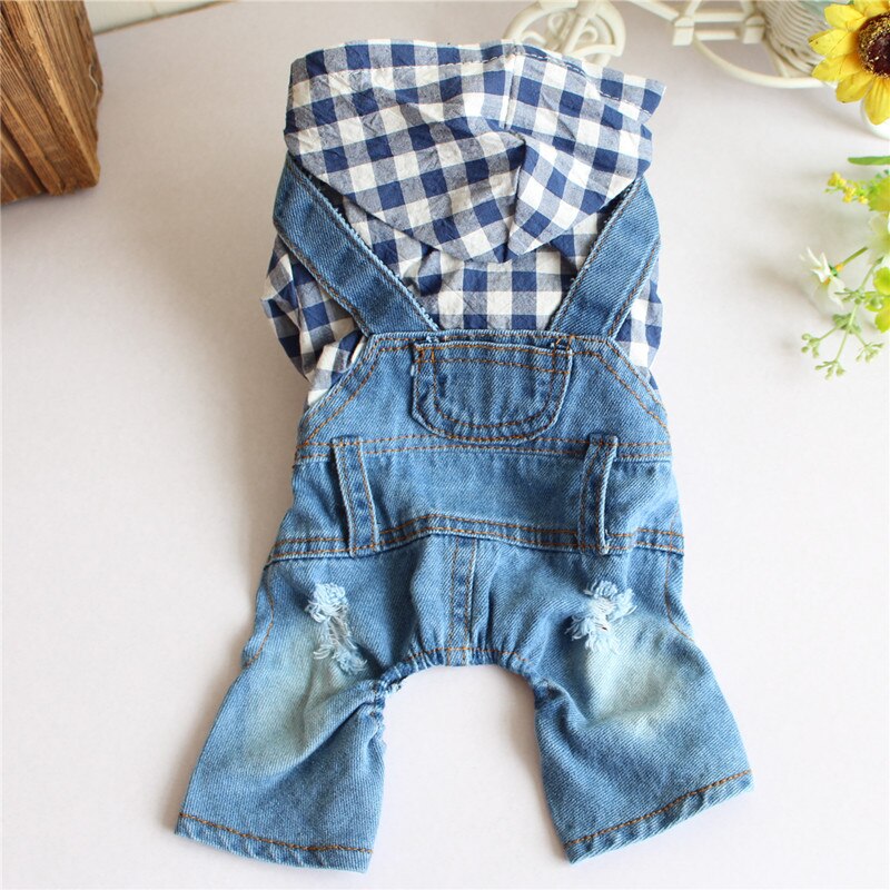 Plaid Stripe Pet Dog Jumpsuits Clothes Autumn Jean Hoodies Jacket For Small Dogs Chihuahua Overalls Casual Spring Sweatshirt 10A: Blue / XS
