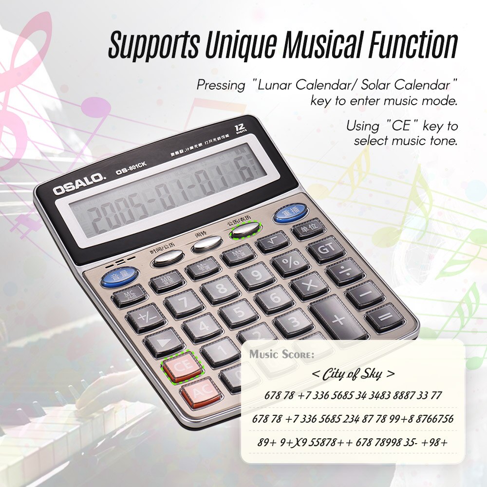 Multi-function Calculator Musical Electronic Desktop Calculator Counter 12-Digits LCD Display with Clock Voice Reading