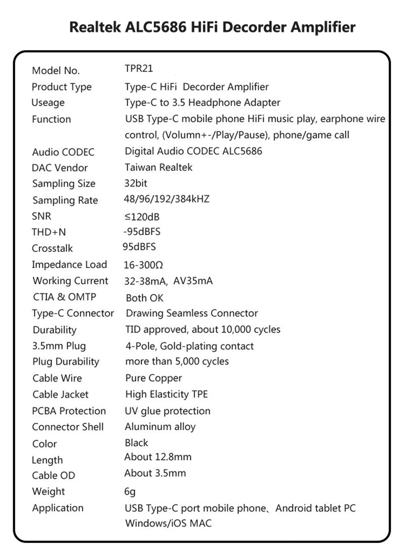 USB C DAC Headphone Adapter Portable 32bit386kHz Hifi DSD600ohm High Resistance Amplifier-Type C to 3.5mm Jack Adapter - ALC5686