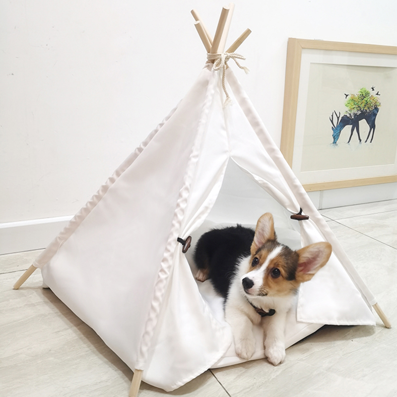 Hvidt kanvas kæledyr kat hund tipi telt hus sengesæt med pude og tavle aftagelig vaskbar, til kæledyr op  to 33 lbs