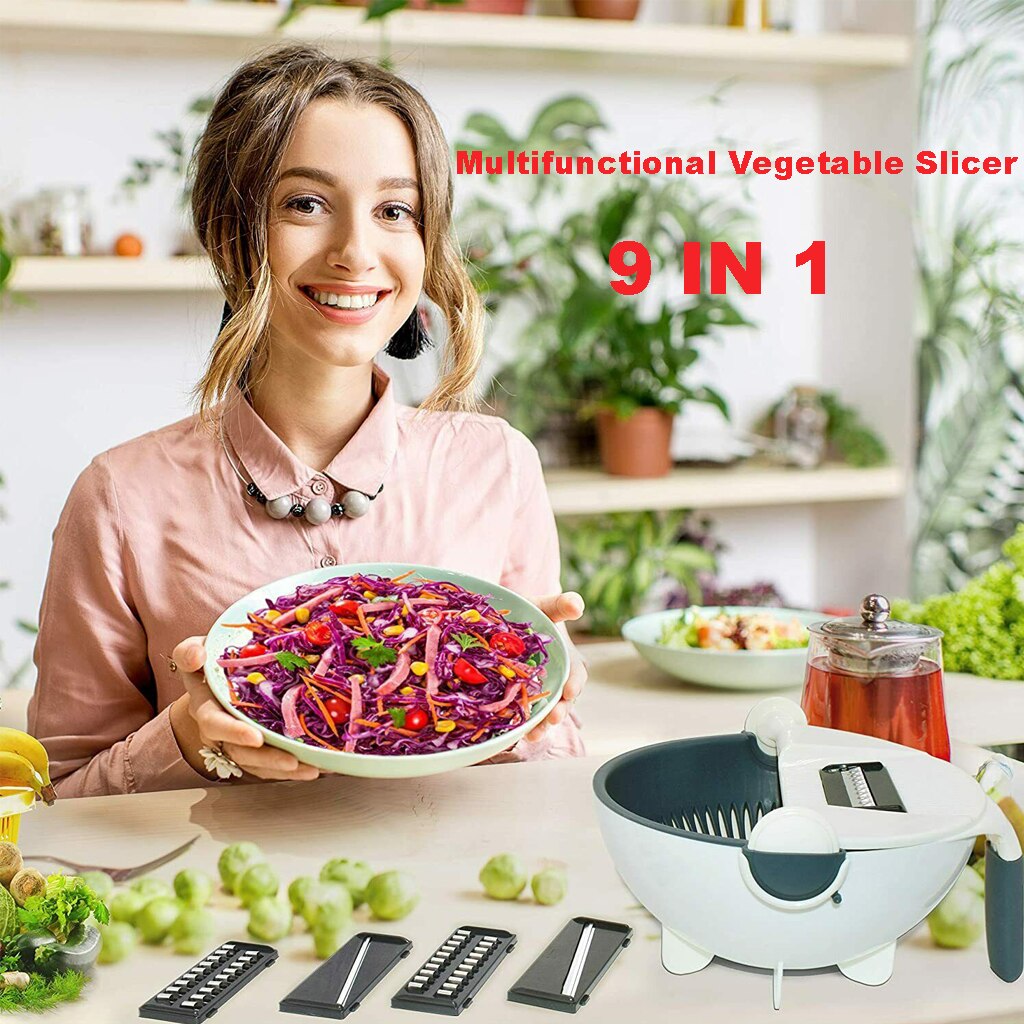 Groentesnijder, 9- in -1 multifunctionele snijder, rasp, uienhakker met container, groente- en fruitsnijder